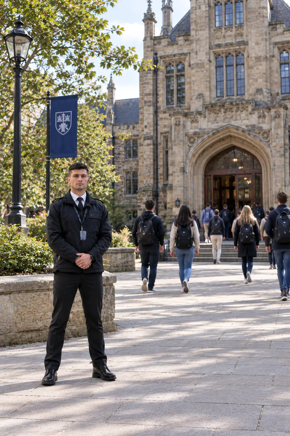 Suited 2015 Security officer standing on the path outside a gothic university entrance as students walk in