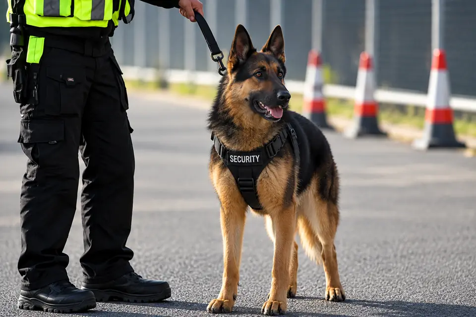 2015 Security dog handler in hi-vis with an alert German Shepherd wearing a SECURITY harness