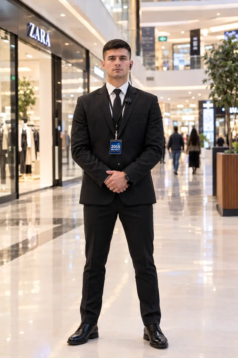 Suited 2015 Security officer with an ID badge and earpiece standing in a modern shopping mall