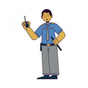 A cheerful security officer in a blue uniform holding a radio and baton, standing confidently, symbolizing "reception security" by 2015security services ltd.