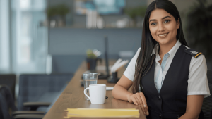 A smiling female security officer in a black vest and white shirt with a shoulder badge, sitting at a desk with a white mug and glass of water, representing "reception security" by 2015security services ltd.