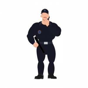 A muscular security officer in a dark uniform holding a baton, with a radio to his ear, representing "reception security" by 2015security services ltd.