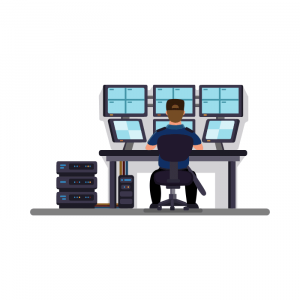 A security officer monitoring multiple screens at a control desk with servers, wearing a dark uniform, depicting "reception security" by 2015security services ltd.