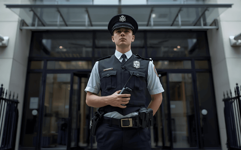 A highly-trained, SIA-licensed guard from 2015security services Ltd. in full uniform holds a radio, representing the professionalism and readiness of their Manned Guard Security services.