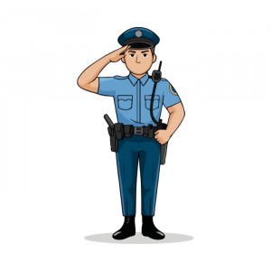 A security officer in a blue uniform saluting, equipped with a radio and holster, embodying "reception security" by 2015security services ltd.