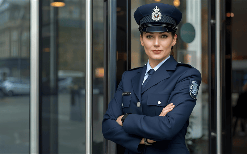 A confident female security officer from 2015security services Ltd. stands with her arms crossed, embodying the trusted and authoritative presence that defines Manned Guard Security.