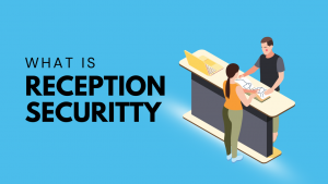 Illustration of a reception security desk with a receptionist assisting a visitor, used in an article by 2015 Security Services Ltd.
