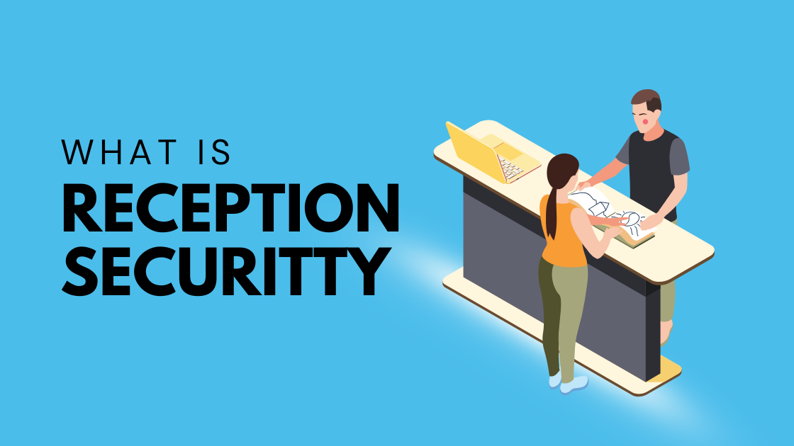 Illustration of a reception security desk with a receptionist assisting a visitor, used in an article by 2015 Security Services Ltd.
